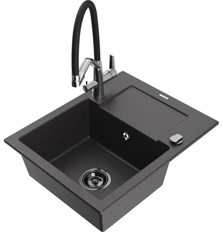 Mexen Enzo 1 rekeszes gránit mosogató csepegtetővel és Duo konyhai csappal, fekete foltos - 6506-76-671701-07-B