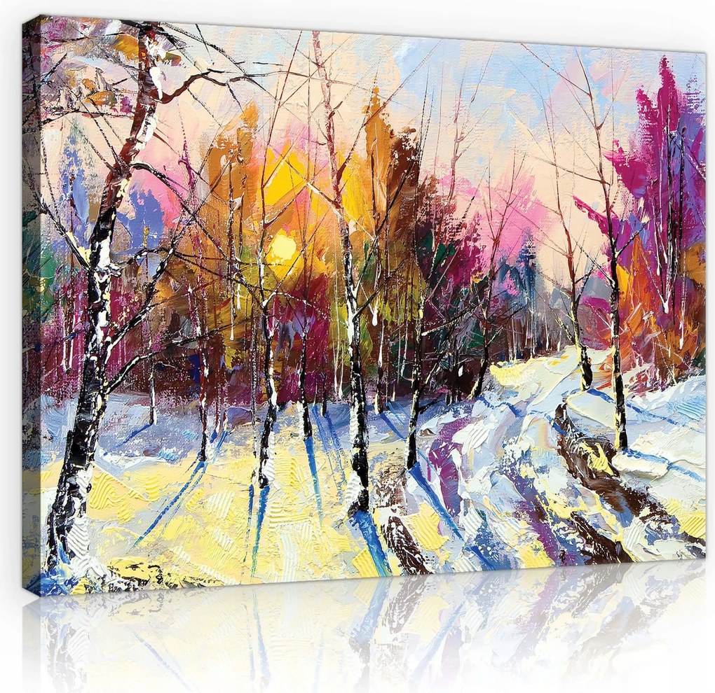 Vászonkép 100x75 Téli erdő naplemente hó fák játék fények nyugalom csend