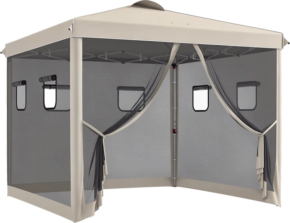 Outsunny Pop-Up Sátor kb. 3 x 3 m, Sátor 4 Pántos Függönnyel, Kert Sátor UV Védelemmel, Pop-Up Sátor Ablakokkal, Hordozótáskával, Kerthez, Bézs | Aoso