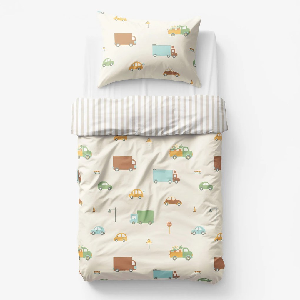 Goldea gyermek pamut ágyneműhuzat - az autók világa, latte csíkos hátoldal 150 x 200 és 50 x 60 cm