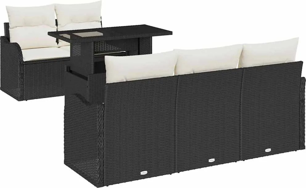 vidaXL Kerti Kanapé Szett párnával párnával 6 pcs Fekete Poly Rattan