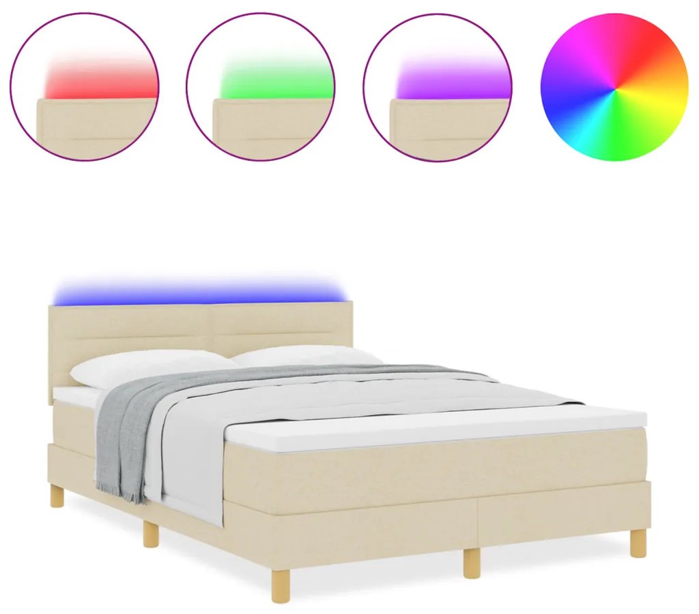 Box Spring Ágy Matraccal és LED-del Krém 140x190 cm Szövet