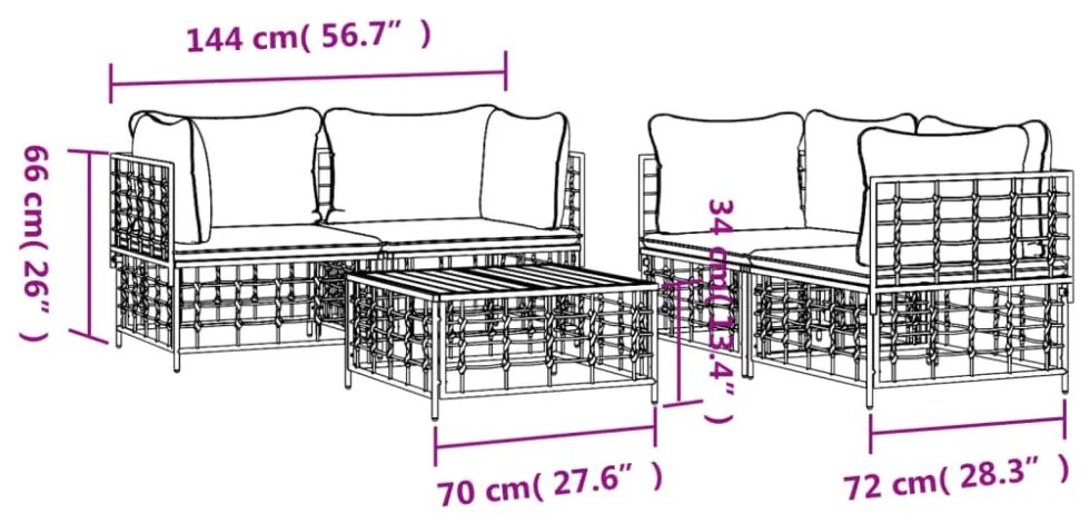 vidaXL 5 részes antracitszürke polyrattan kerti ülőgarnitúra párnákkal