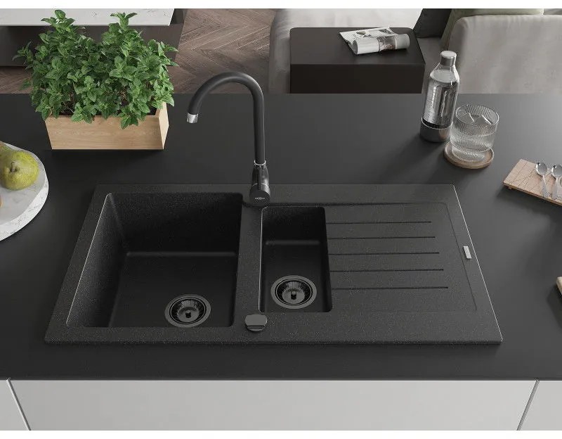 Mexen Matias, gránit mosogató 900x505x200 mm, 1,5 kamrás és fekete Telma csaptelep, fekete-ezüst metál, 6502-73-670200-70-B