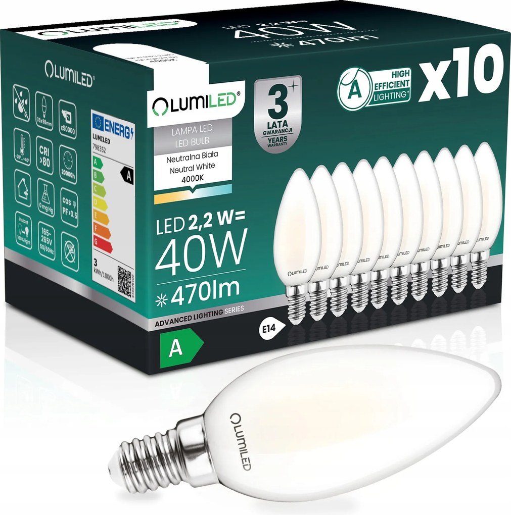 10x Led Izzó E14 Filament A Osztály 2,2W 470LM 40W 4000K 360° Gyertya