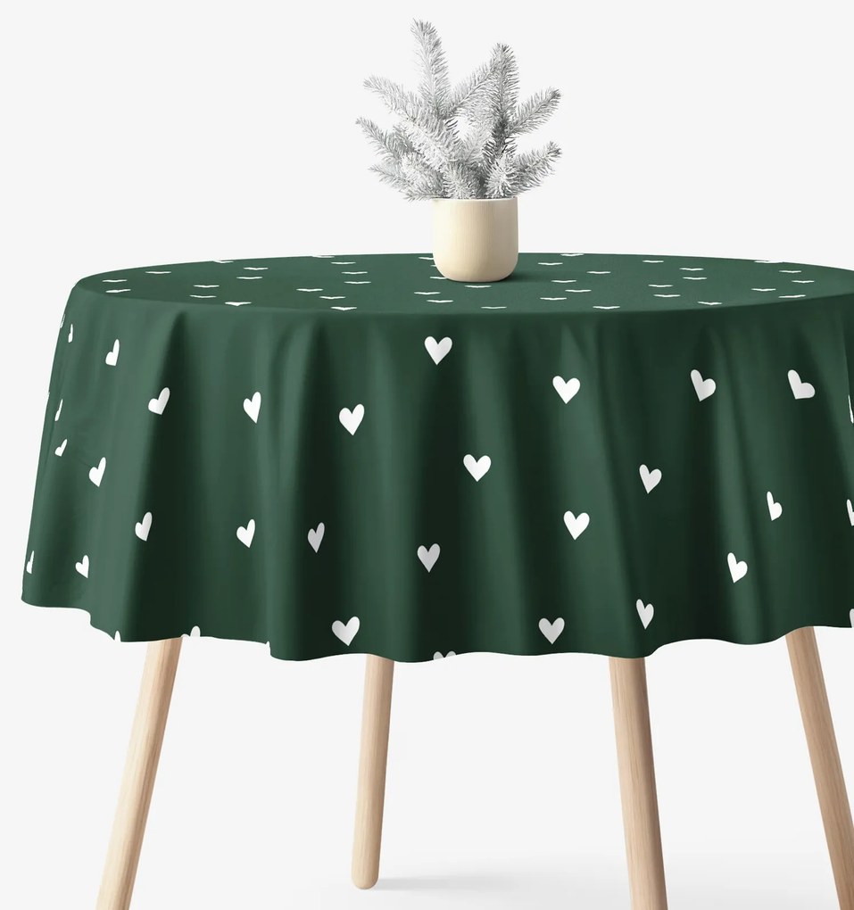 Goldea kör alakú pamut terítő - szívecskék, sötétzöld alapon Ø 130 cm