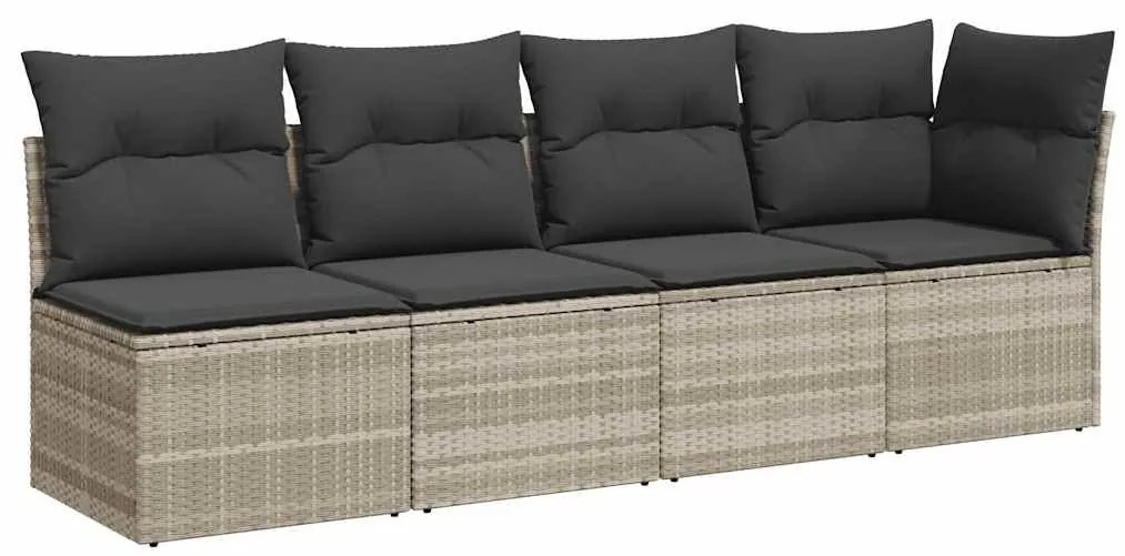 4 személyes világosszürke polyrattan kerti kanapé párnával