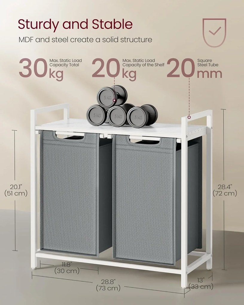 Szennyeskosár, 2 rekeszes, szennyeskosár polccal, fehér