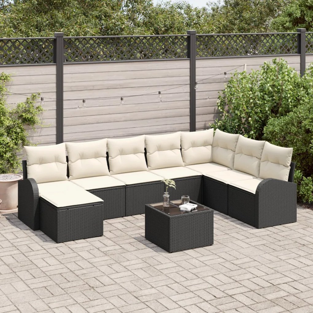 8 Darabos Kert Sofa Szett Párnákkal Barna Poli Rattan, 2-Személyes Kert Sofa Tárolóval és Párnákkal Fekete Poli Rattan