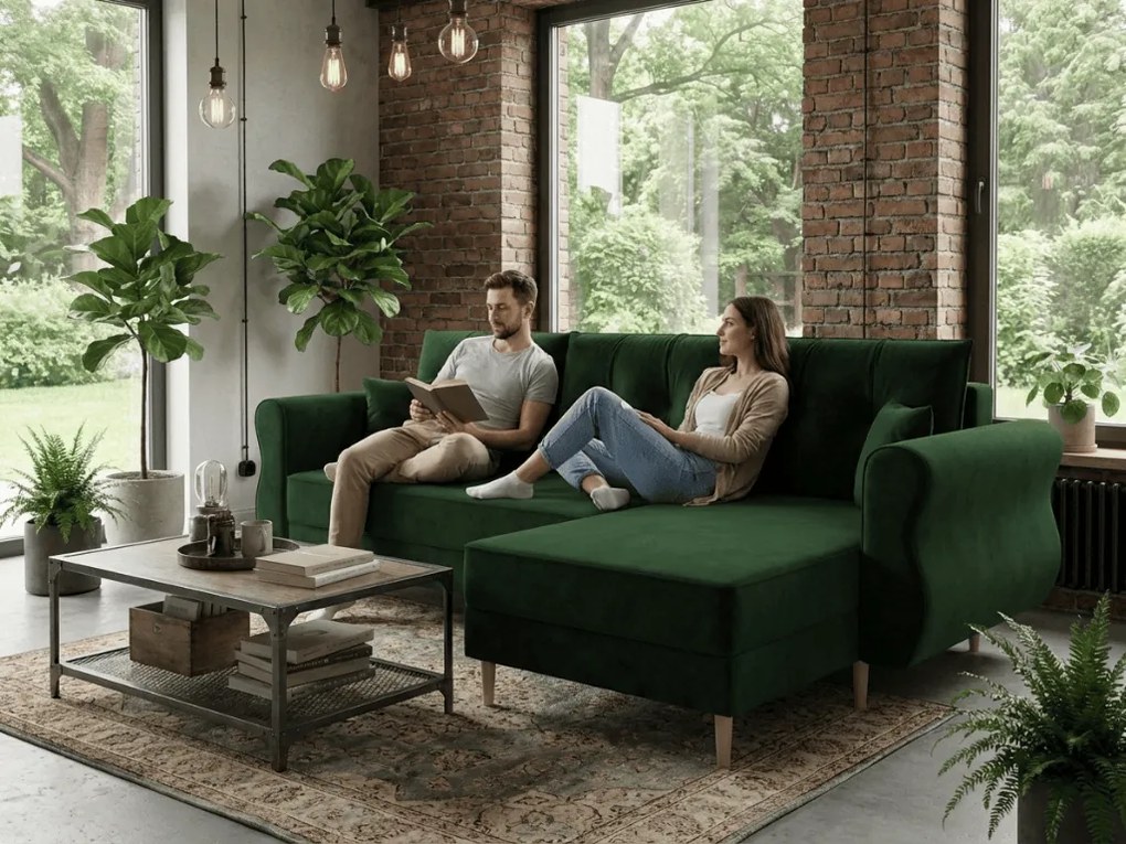 Kinyitható, kétoldalas L alakú kanapészett SILVIANO 230x140 cm, sötétzöld