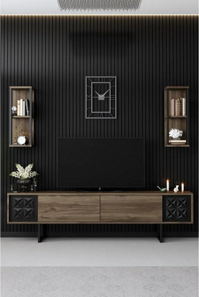 Line Walnut and Black TV-állvány polcokkal