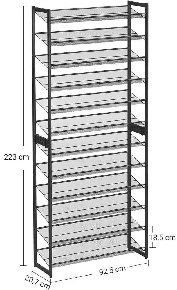 Cipőtartó polc 2x6 szintes fém háló polcokkal, fekete 92x30x220cm