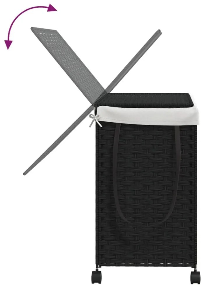 fekete rattan szennyeskosár kerekekkel 60x35x60,5 cm