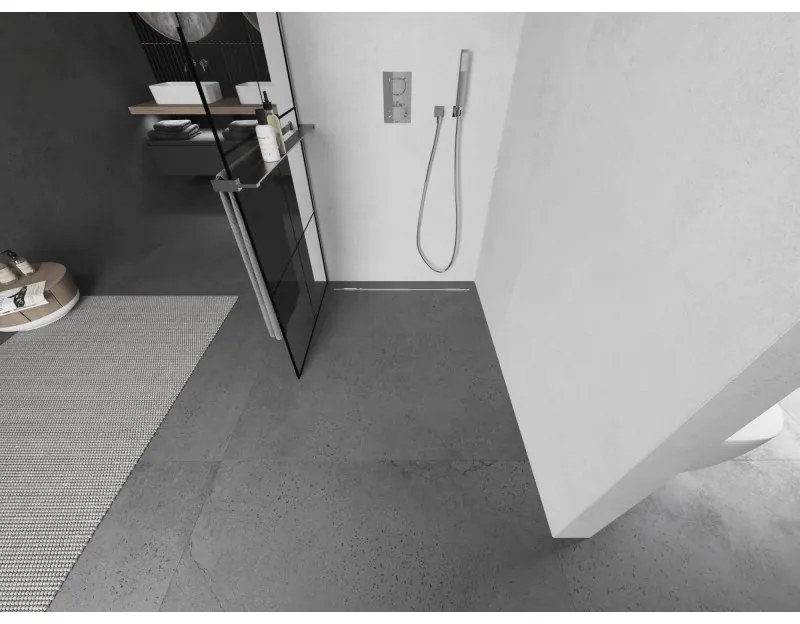 Mexen Kioto+ L, Walk-In zuhanyparaván polccal és akasztóval 80 x 200 cm, 8 mm átlátszó üveg fekete mintás, króm profil, 800-080-123-01-77