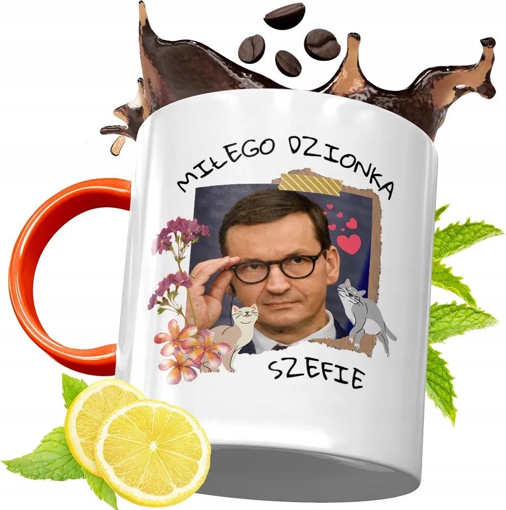 Narancssárga Bögre Mateusz Morawiecki Ajándék fényképes nyomtatással