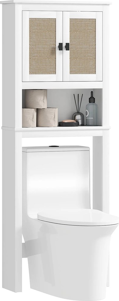 HOMCOM Szűk Feljövendékető Szekrény, Felülről Szekrény Tárolás 2 Rattán Előlapú Ajtóval, Nyitott Rekesz és Állítható Polc, Fürdőszoba Szekrény 60x19,5