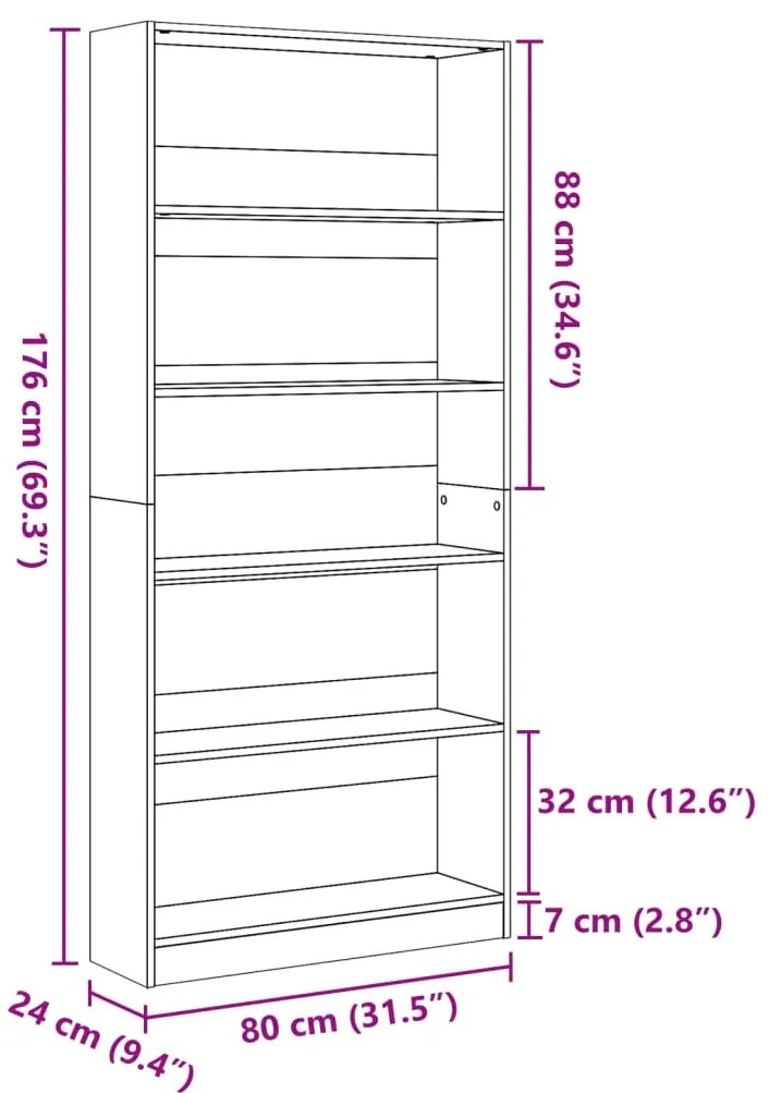antik fa színű szerelt fa könyvespolc 80 x 24 x 176 cm