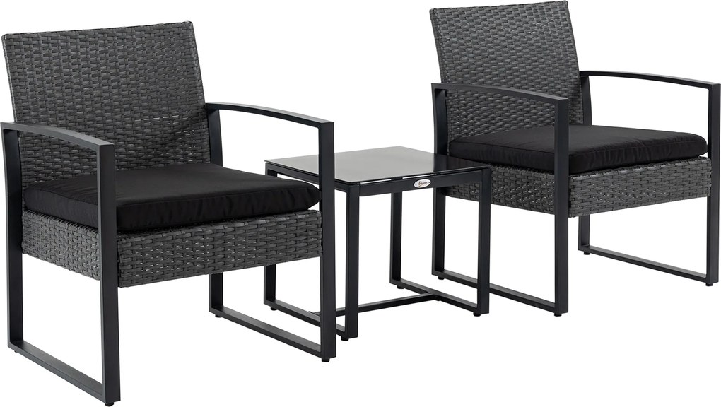 Outsunny 3 részes kültéri kertibútor szett, 2 székkel és rattan asztallal, párnázott párnákkal és üveg felsőrésszel, erkélyre, teraszra, szürke és fek