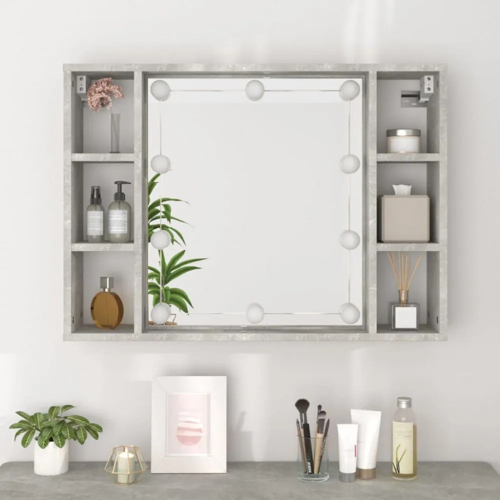 betonszürke tükrös szekrény LED-ekkel 76 x 15 x 55 cm