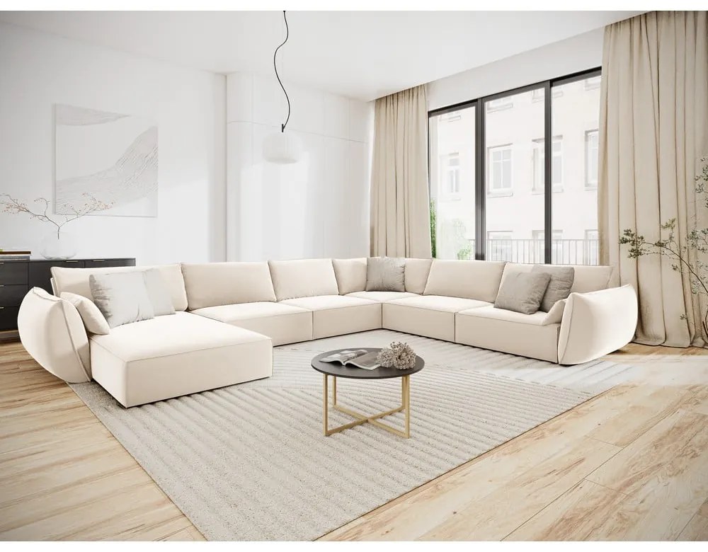 Bézs bársony sarokkanapé (jobb oldali-U alakú) Vanda – Mazzini Sofas