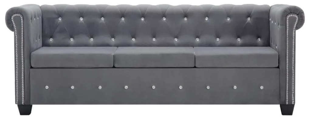 szürke 3 személyes bársony Chesterfield kanapé 199x75x72 cm