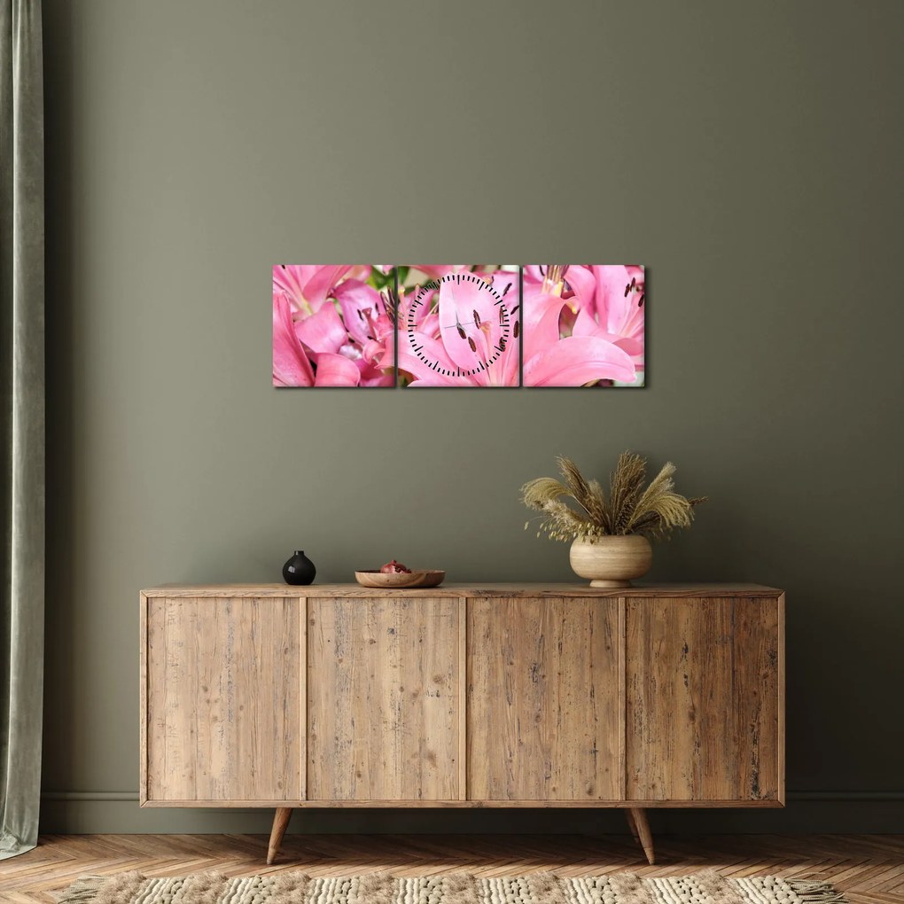 Kép - Rózsaszín liliomok (órával) (90x30 cm)