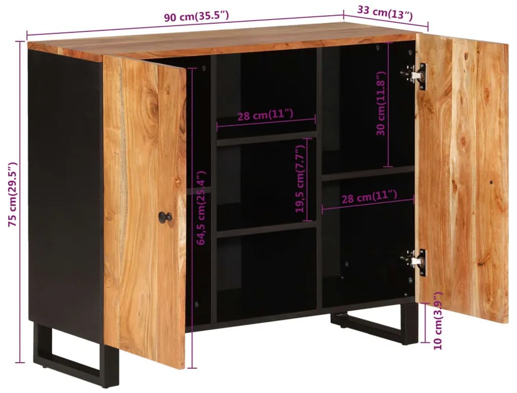 tömör akácfa tálalószekrény 2 ajtóval 90 x 33 x 75 cm