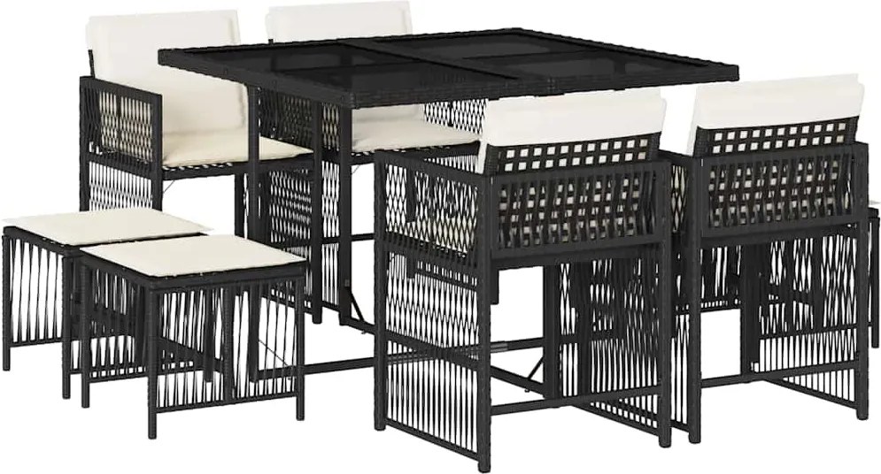 vidaXL 9 részes fekete polyrattan kerti étkezőgarnitúra párnákkal