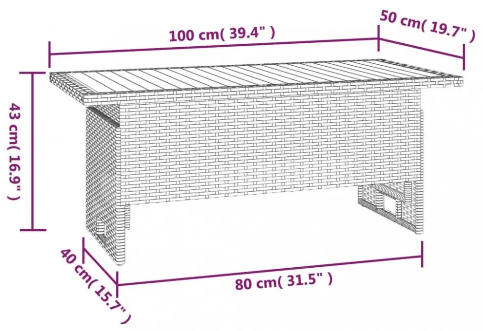 fekete tömör akácfa és polirattan kerti asztal 100x50x43/63 cm