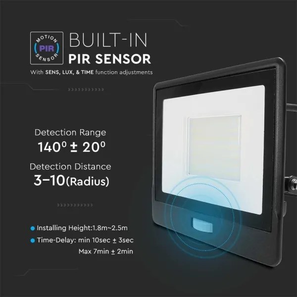 LED reflektor s čidlem 50W 230V 6500K IP65 černý