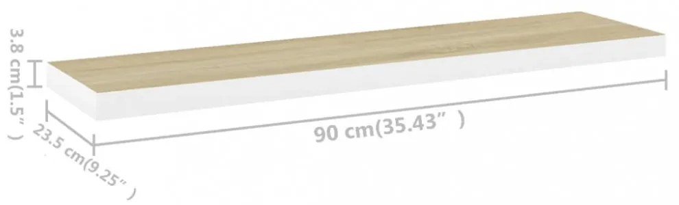 fehér-tölgyszínű MDF lebegő fali polc 90 x 23,5 x 3,8 cm