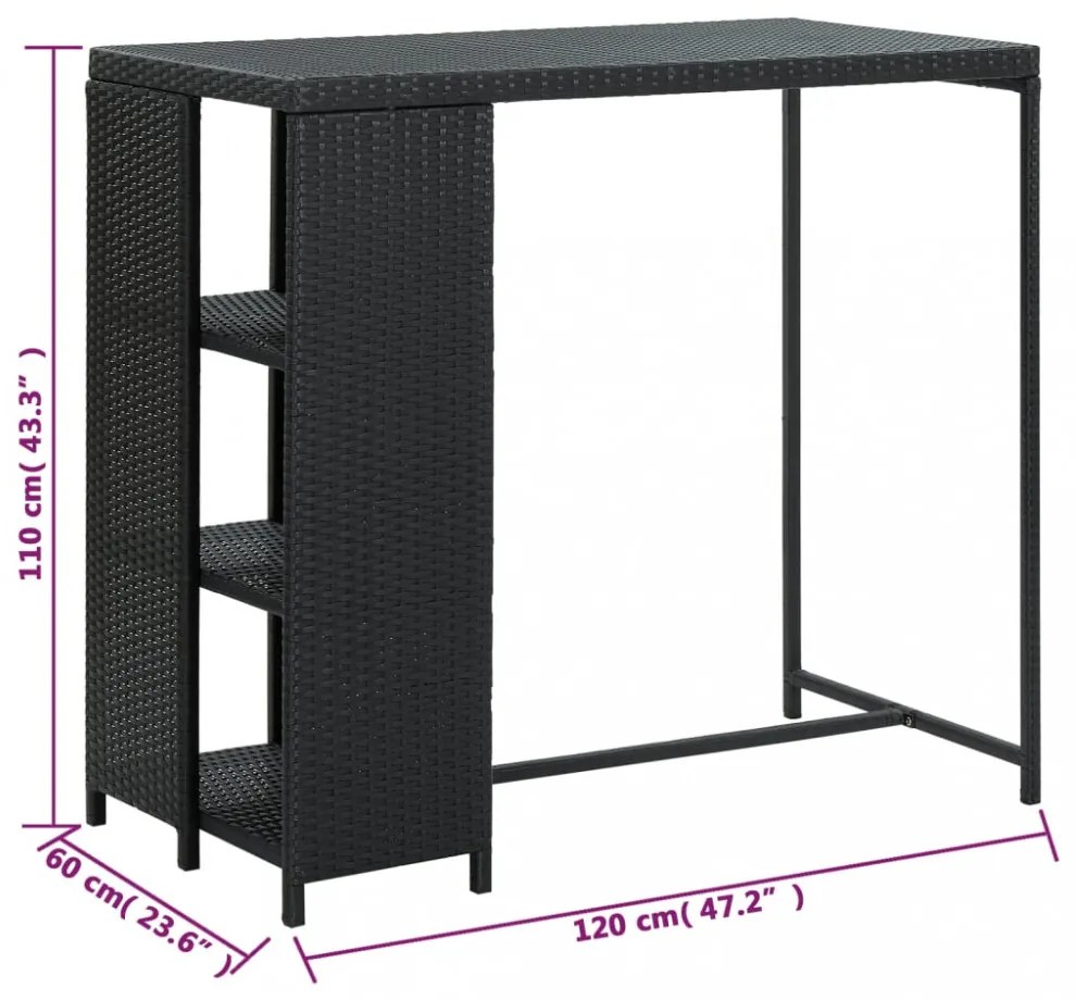 fekete polyrattan bárasztal tárolópolccal 120 x 60 x 110 cm
