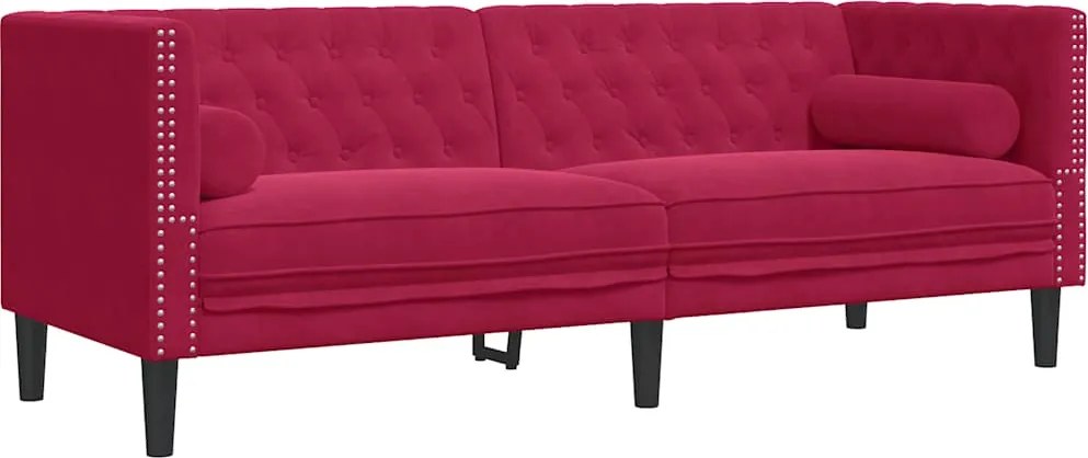 vidaXL 3 személyes bordó bársony Chesterfield kanapé hengerpárnákkal