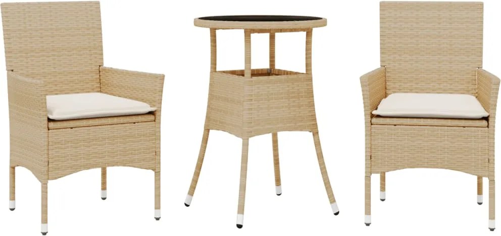 vidaXL 3 részes bézs polyrattan/üveg kerti étkezőgarnitúra párnákkal