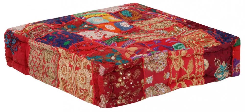 kézzel készült piros pamut patchwork kocka puff 50x50x12 cm