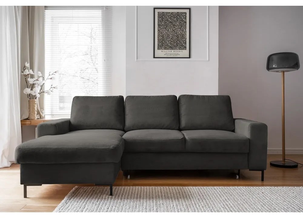 Sötétszürke kordbársony kinyitható sarokkanapé (bal oldali) Lofty Lilly – Miuform