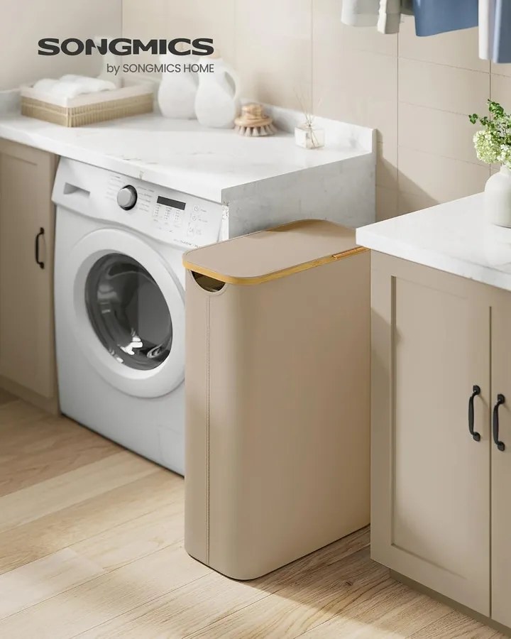 Szennyeskosár fedővel, keskeny szennyes tároló, 65 L, 42 x 22,5 x 70,5 cm, Tevebarna