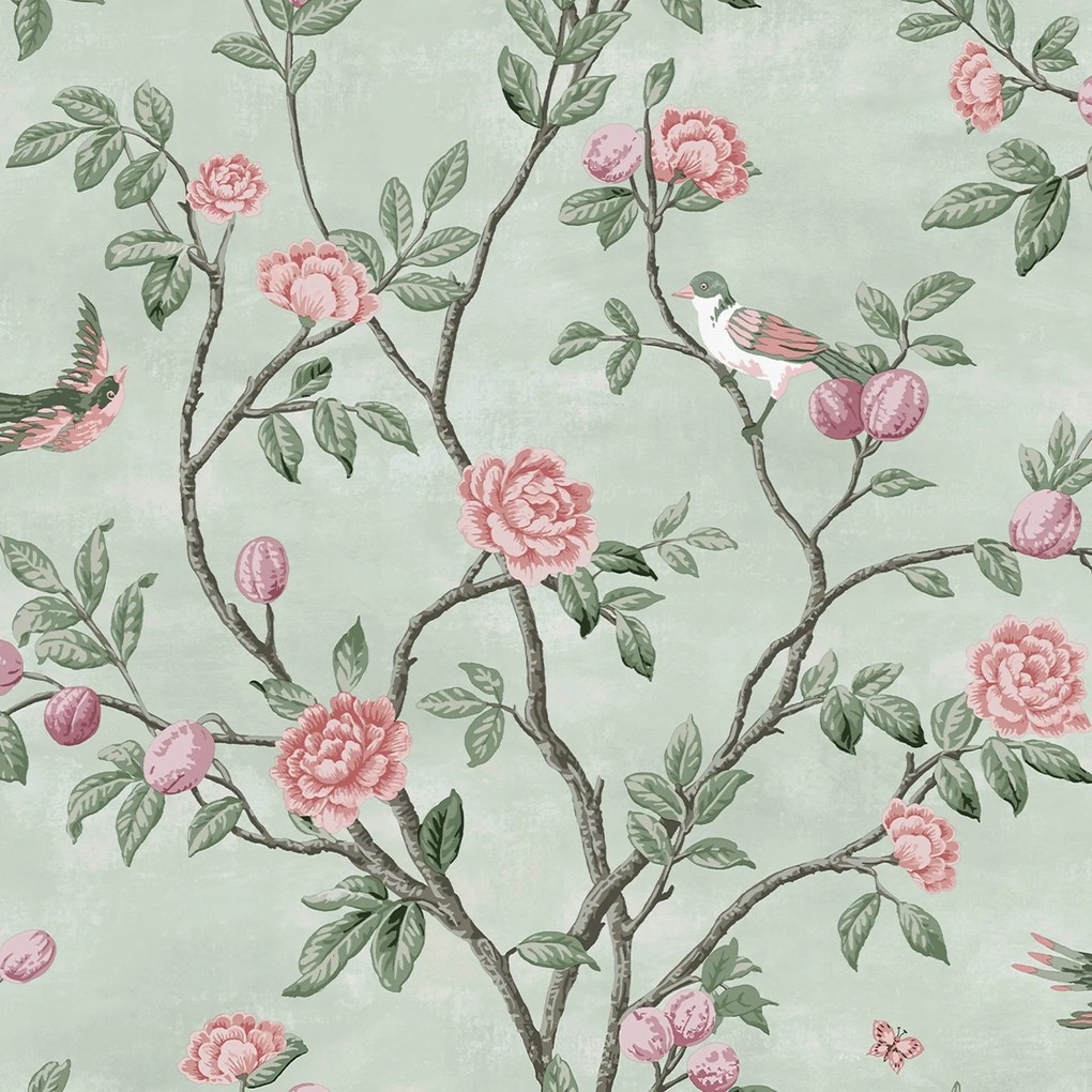 Zöld Tapéta Flizelin Növényi Motívum Levelek Madarak