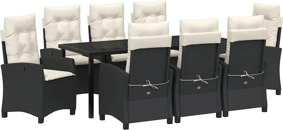 vidaXL Kert étkező szett párnával 9 pcs Fekete polirattan