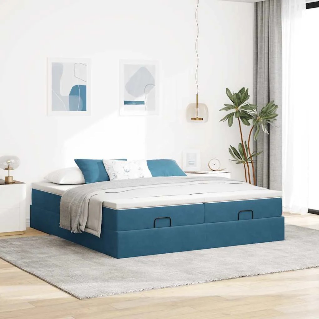 Ottomán ágykeret matracokkal Sötétkék 200x200cm bársony