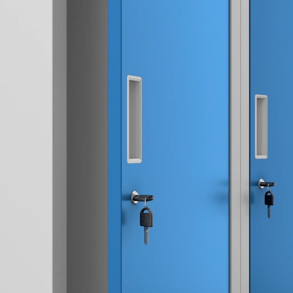 Pléh öltözőszekrény talpazaton, kétmodulos, polccal és köztes fallal KACPER, 800 x 1800 x 500 mm, szürke-kék