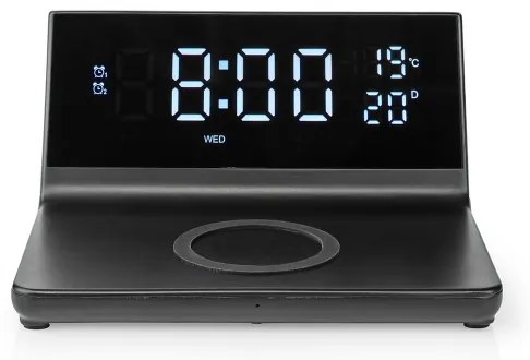 Nedis WCACQ20BK - Ébresztőóra LCD kijelzővel és vezeték nélküli töltő 15W/5V fekete