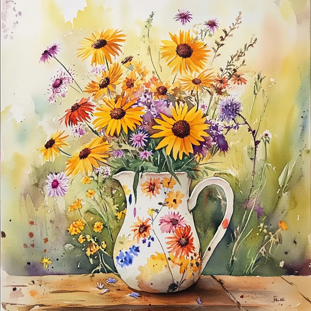 Canvas Vászonkép Színes Mezei Virágok Csokor Kancsó Nyár 40x40