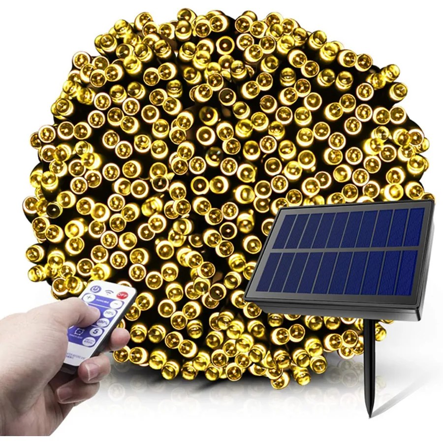 21 m-es 480 LED-es fényfüzér, hybrid tölthető-napelemes, meleg fehér, 8 világítási mód, időzíthető, távvezérlős