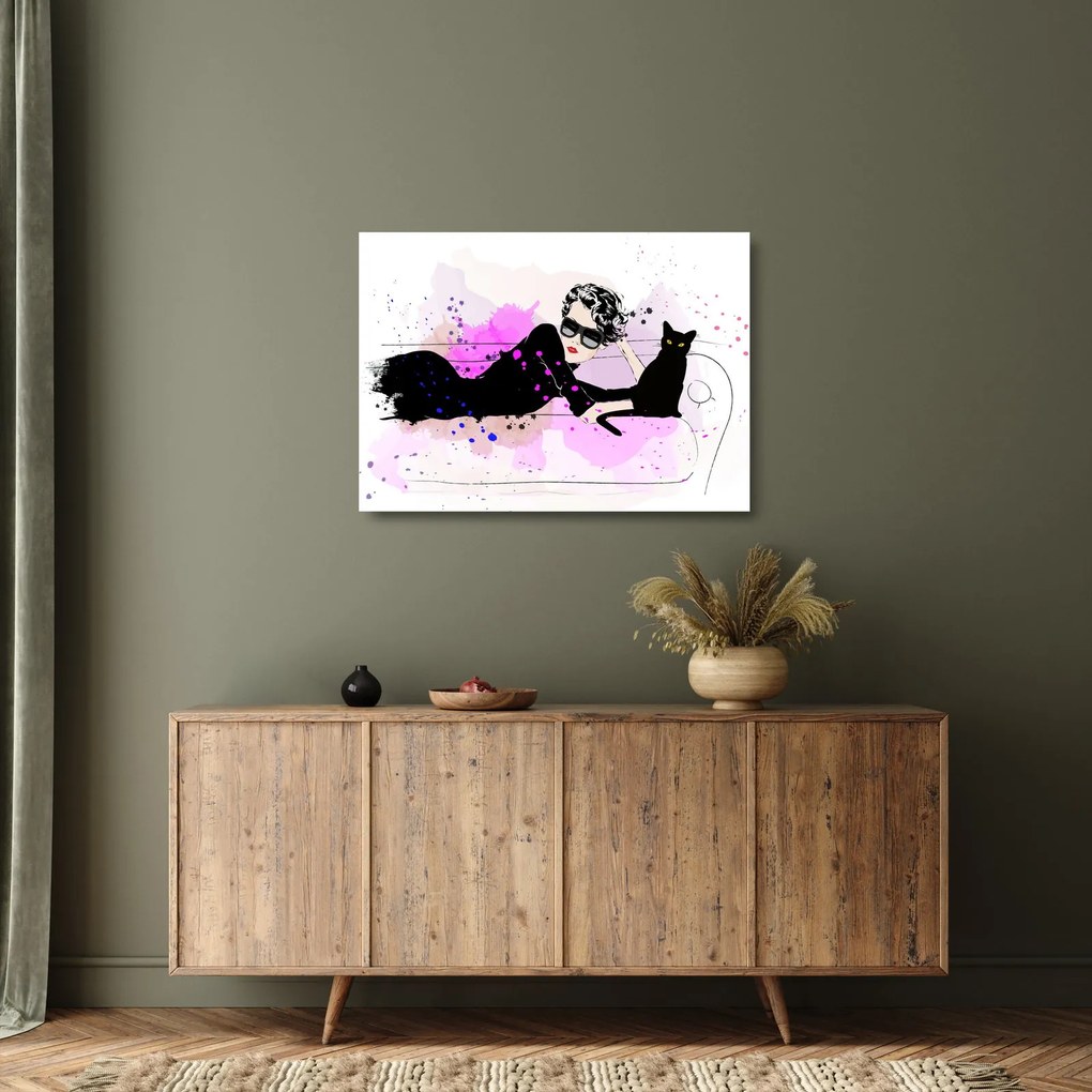 Kép - Nő egy fekete macskával (üvegen) (70x50 cm)