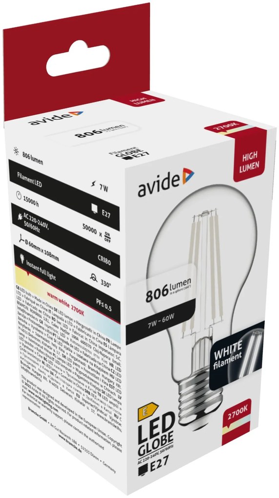 Avide LED White Filament Globe 7W E27 WW 2700K