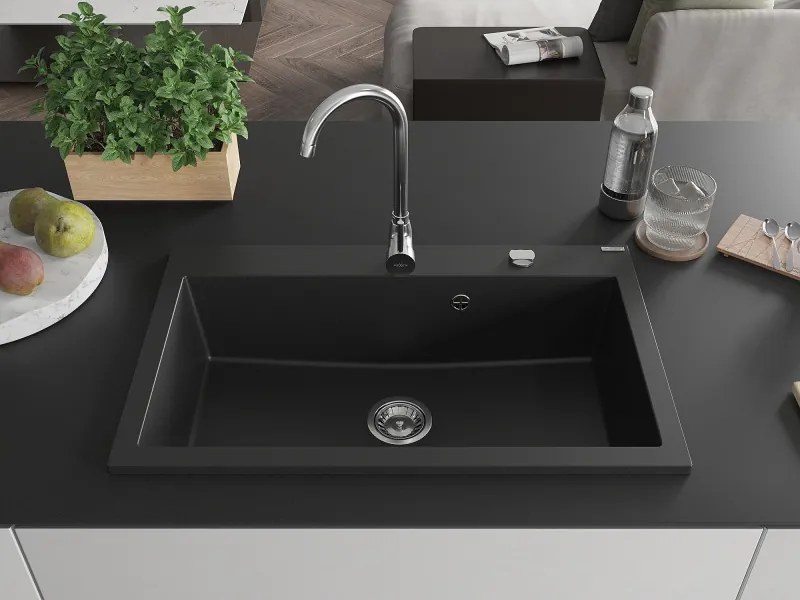 Mexen Elix gránit mosogató 1-medencés 800 x 500 mm, fekete, króm szifon - 6527801005-77