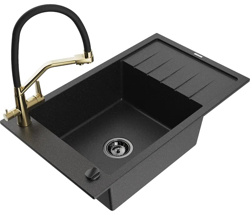 Mexen Elias egykamrás gránit mosogató csepegtetővel és Duo konyhai csapteleppel, fekete/ezüst metál - 6511-73-671701-57-B