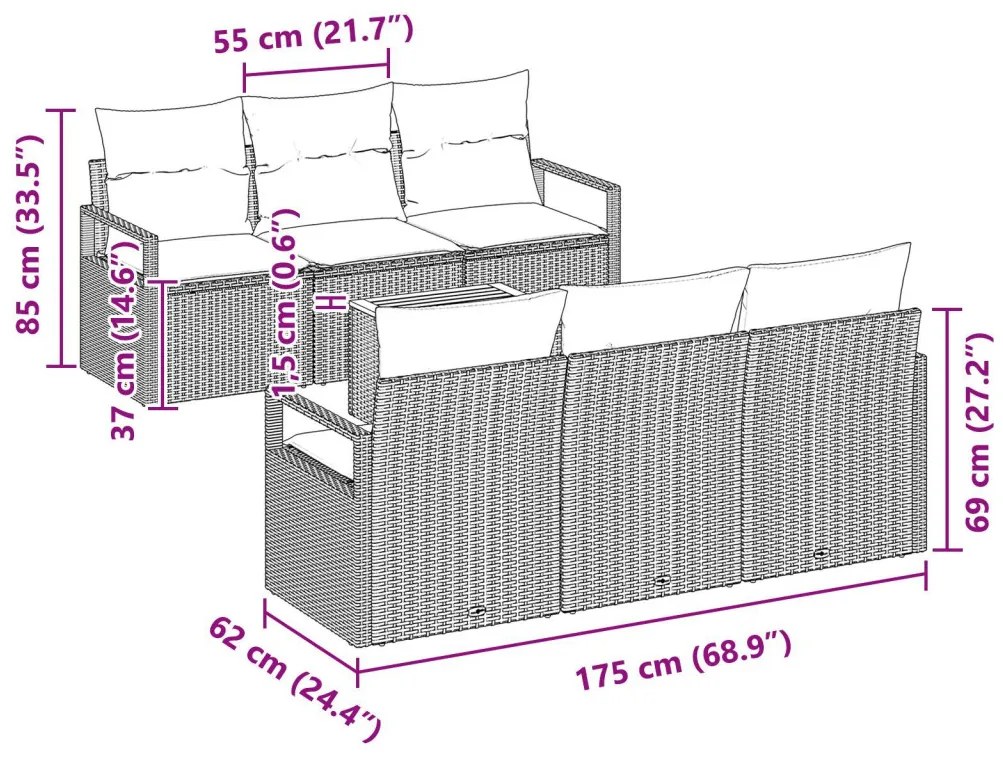 7 darabos kerti kanapészett párnákkal Szürke Poli Rattan Akácia, 2 személyes kerti kanapé párnákkal Szürke Poli Rattan
