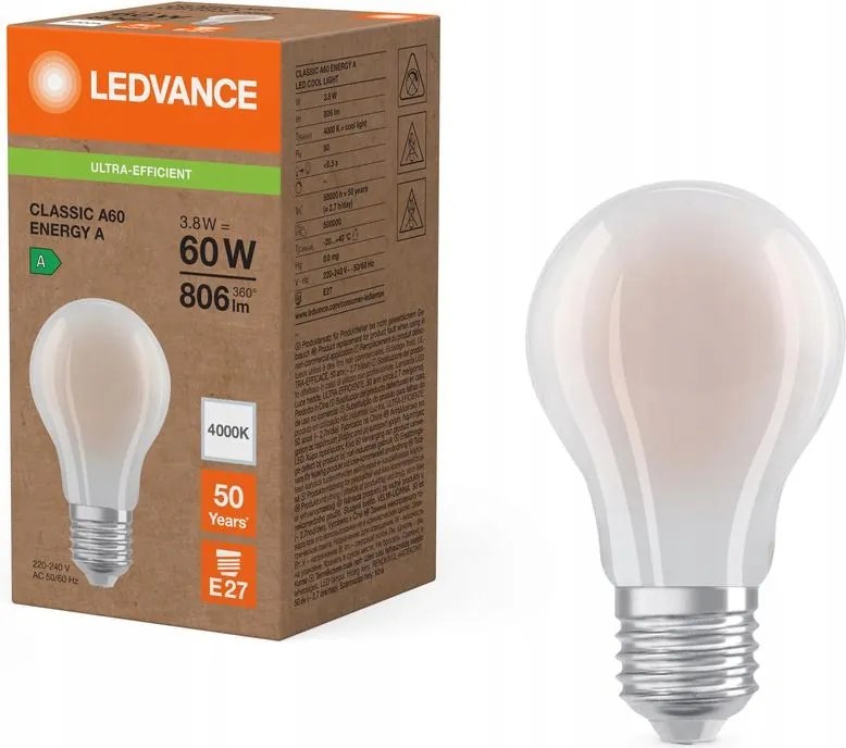 Led izzó E27 A60 3.8W 60W 806lm 4000K Semleges 320° Ledvance